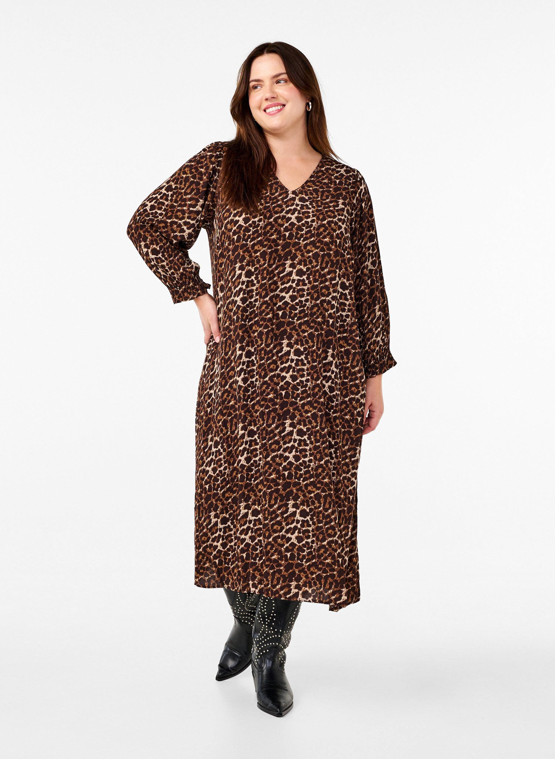 Zizzi Langes Kleid mit Leopardenmuster und 3/4-&Auml;rmeln, Leo AOP, Model image number 0