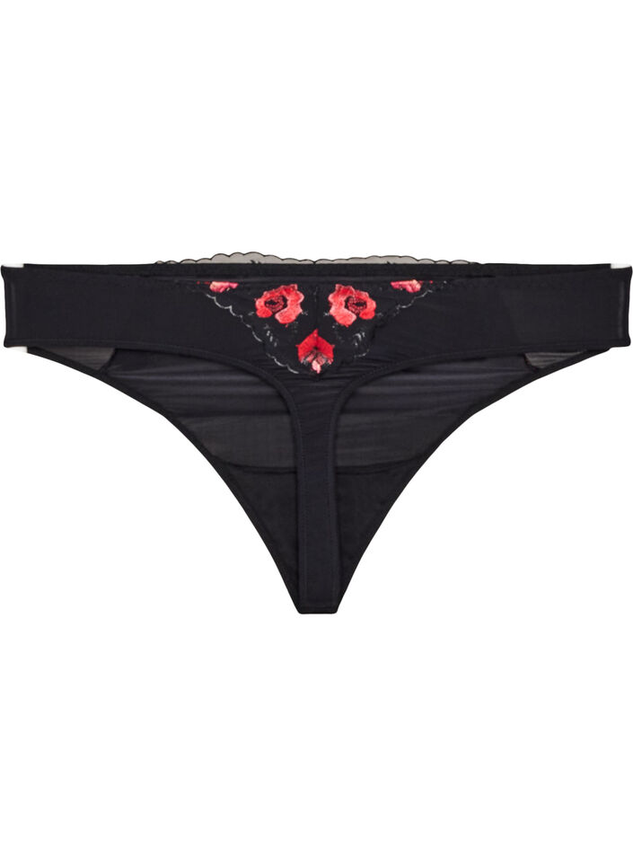 String aus Mikrofaser mit gebl&uuml;mter Stickerei, Schwarz, Packshot image number 1