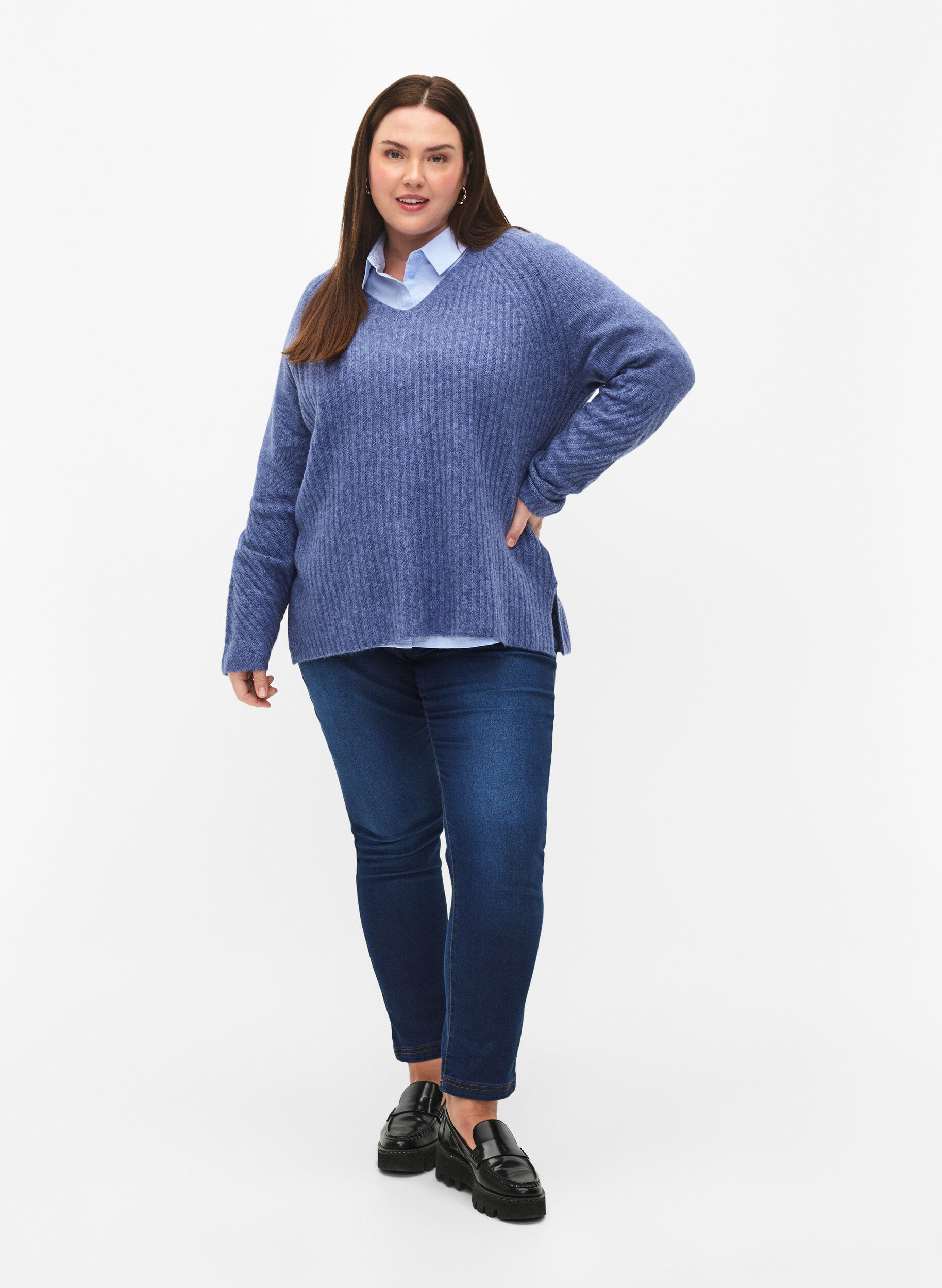 Zizzi Strickpullover mit Schlitz, Gray Blue Mel., Model image number 2