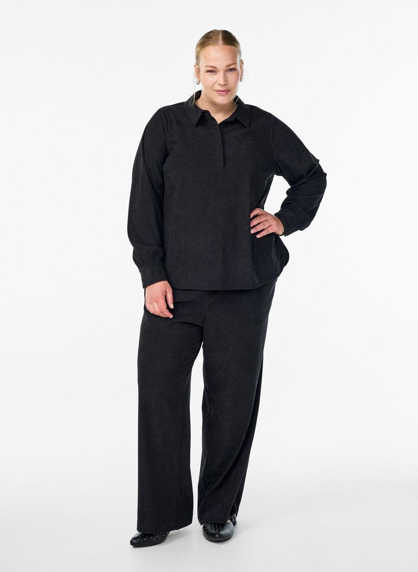 Langärmlige Bluse aus Cord, Schwarz, Model image number 1