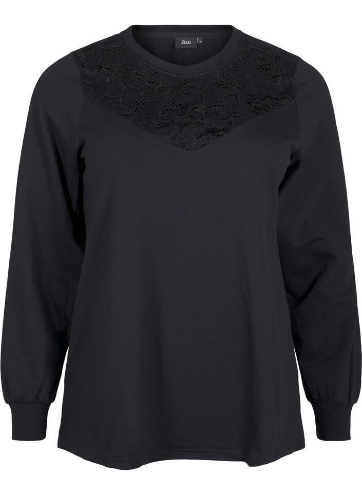 Sweatshirt mit Spitzendetails, Black, Packshot image number 0
