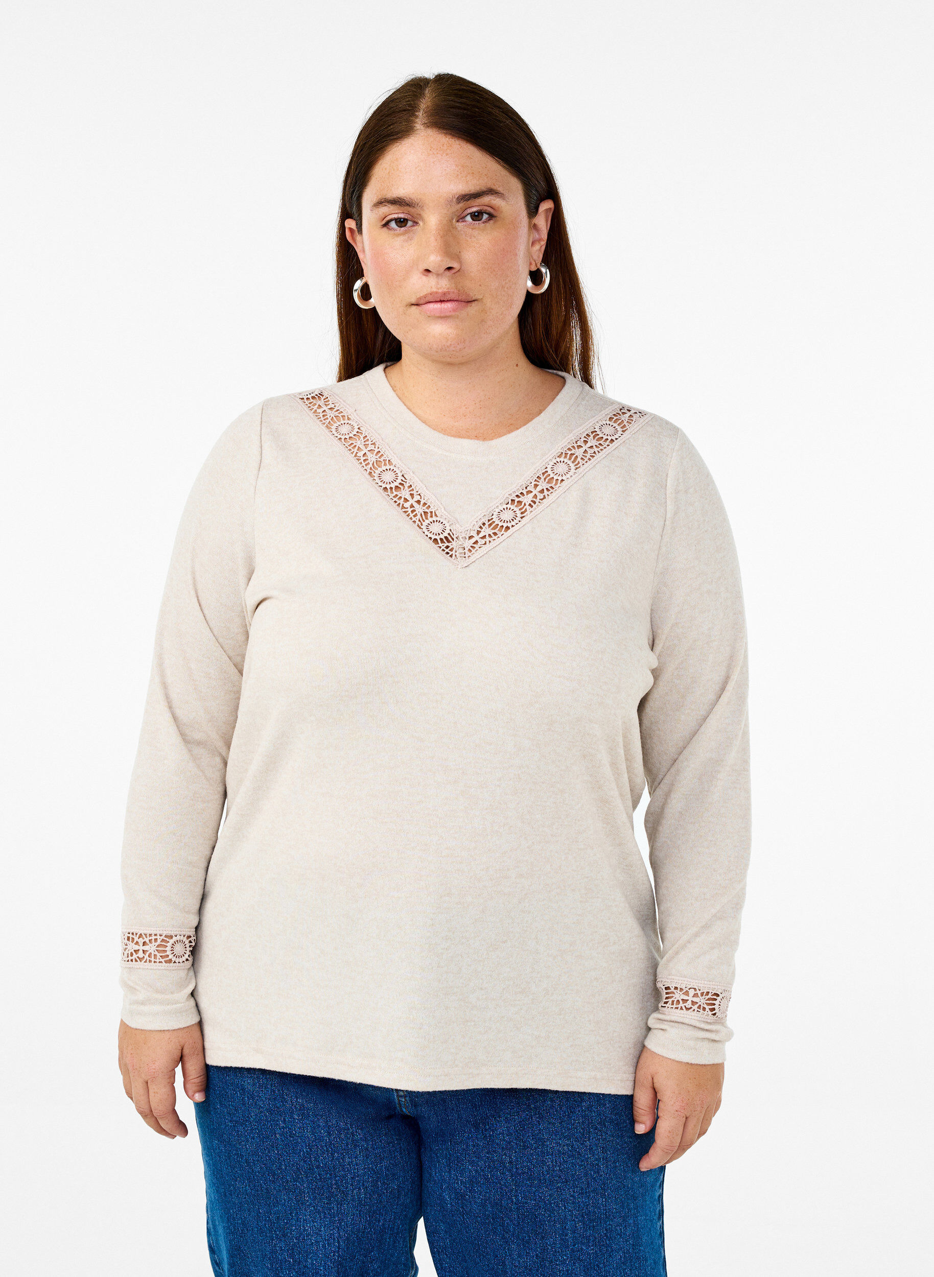 Zizzi Bluse mit Stickereidetails und langen &Auml;rmeln, Beige, Model image number 0
