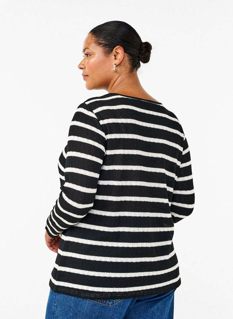 Bluse mit Streifen und langen Ärmeln, Black Sand Stripe, Model image number 1