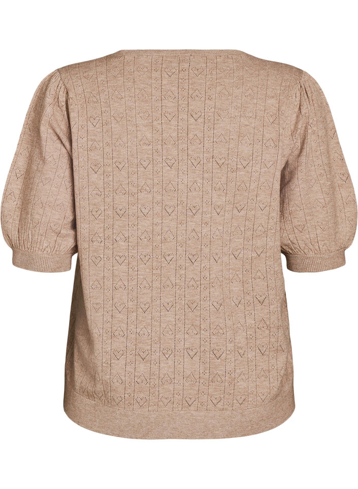 Kurz&auml;rmelige Bluse aus Strick mit Pointelle-Muster, Beige, Packshot image number 1