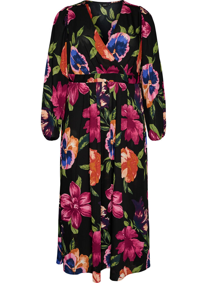 Maxikleid mit Wickelausschnitt und langen &Auml;rmeln, Schwarz, Packshot image number 0