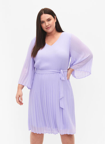 Plissiertes Kleid mit 3/4-Ärmeln, Lavender, Model image number 0