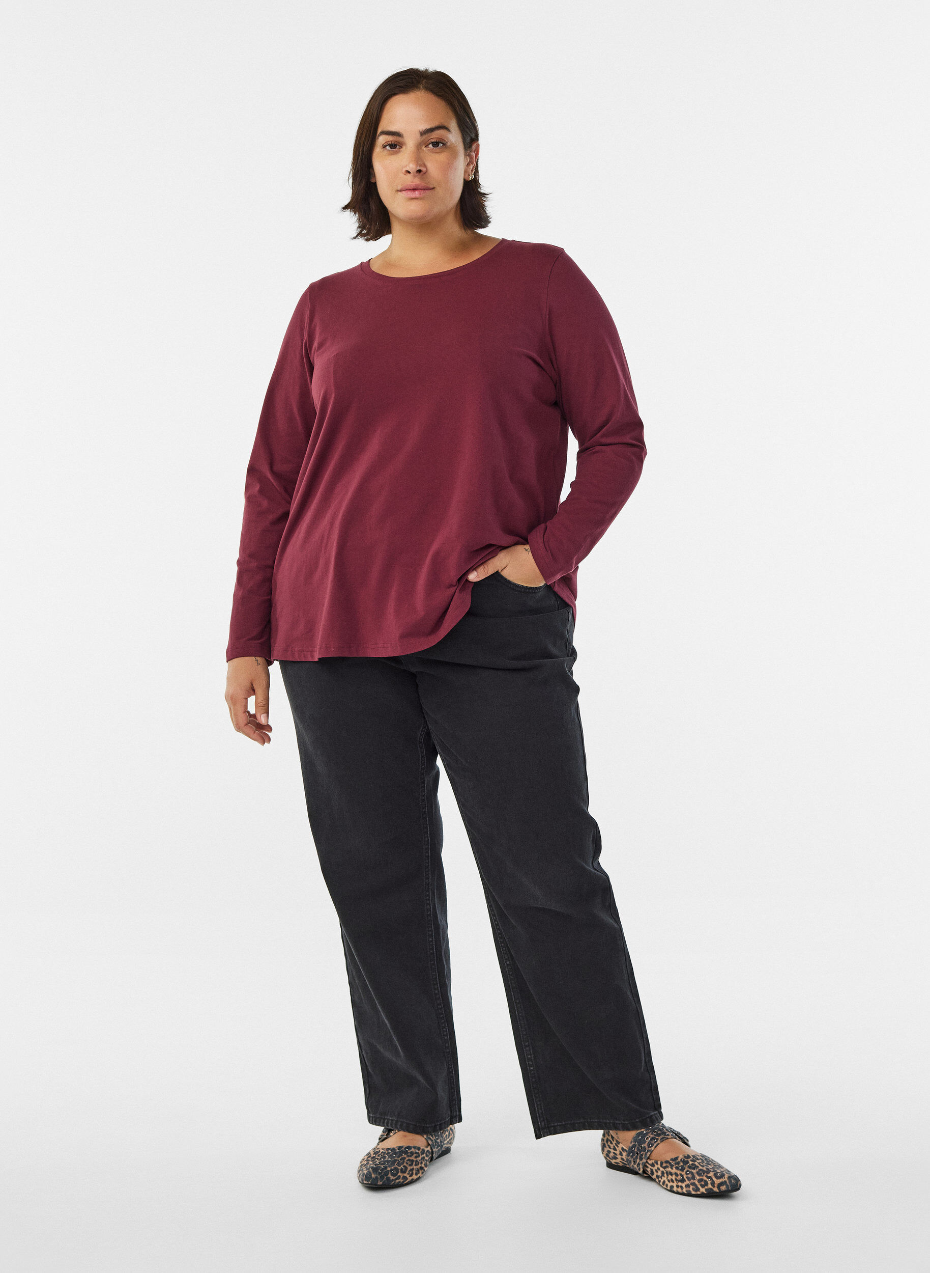 ZizziBasic Bluse aus Jersey mit langen &Auml;rmeln, Dunkles Bordeaux, Model image number 1