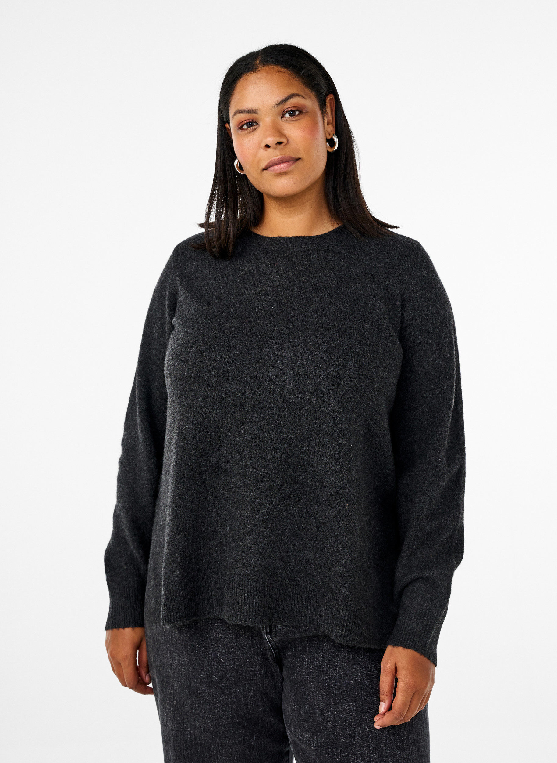 Zizzi Stricktop aus Wolle mit Schlitzen, Dark Grey Melange, Model image number 0