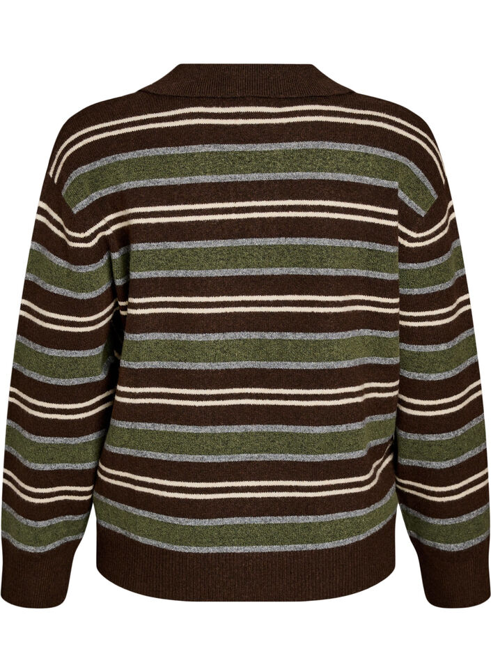 Strickbluse mit Streifen und Polokragen, Braun, Packshot image number 1