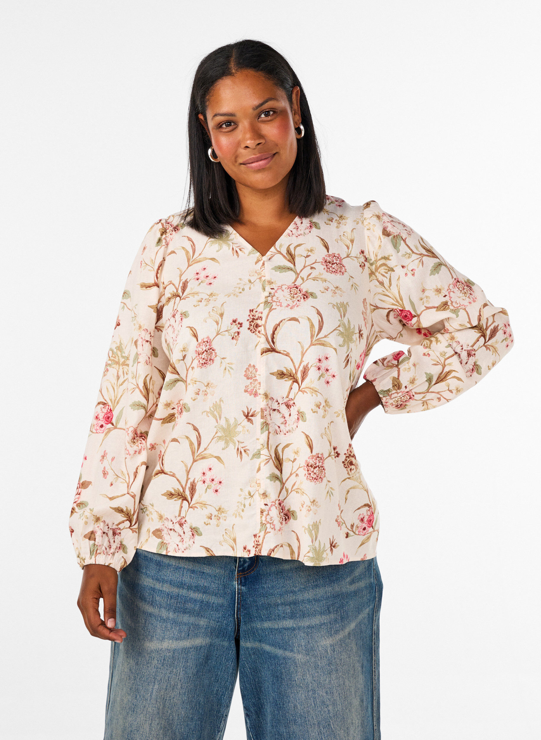 ZizziGebl&uuml;mte Bluse aus Leinen und Viskose mit langen &Auml;rmeln, Vanille, Model image number 0