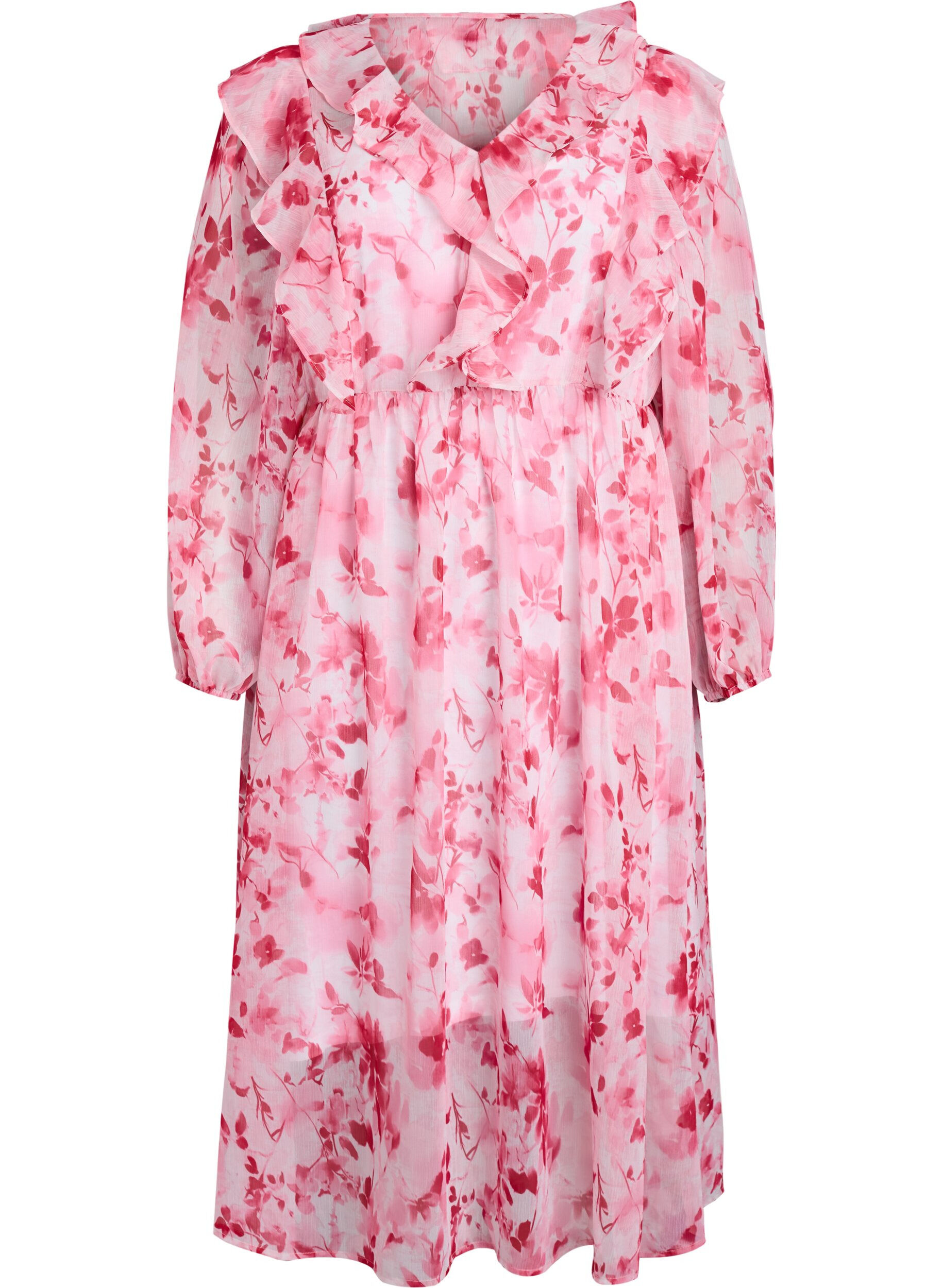 Zizzi Gebl&uuml;mtes Kleid aus Chiffon mit R&uuml;schen und langen &Auml;rmeln, Pink, Packshot image number 0