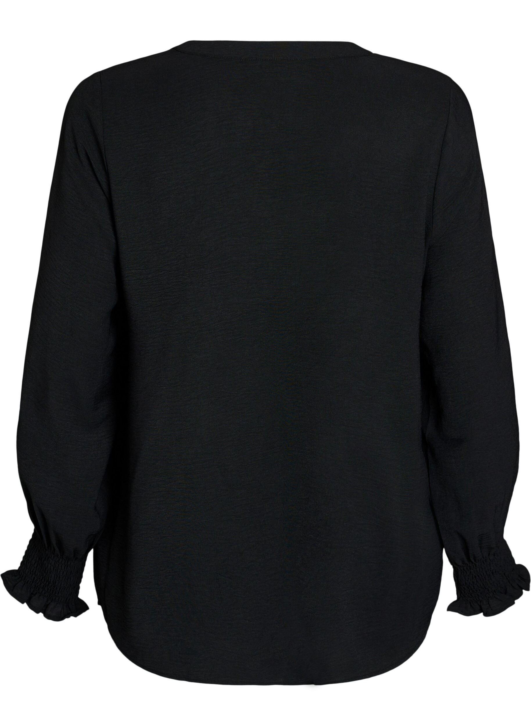 Zizzi Bluse mit Smockb&uuml;ndchen und V-Ausschnitt, Schwarz, Packshot image number 1