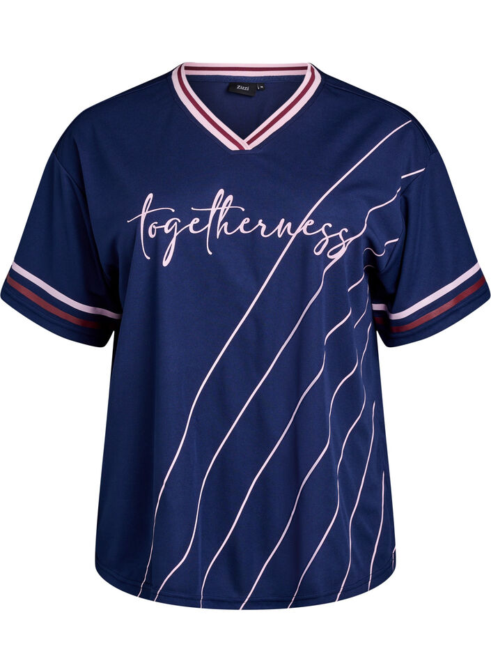 Sportliches T-Shirt mit Streifen und Textprint, Blau, Packshot image number 0