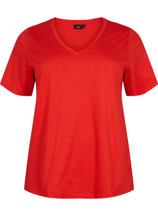 Kurzärmeliges Basic T-Shirt mit V-Ausschnitt, Flame Scarlet, Packshot image number 0