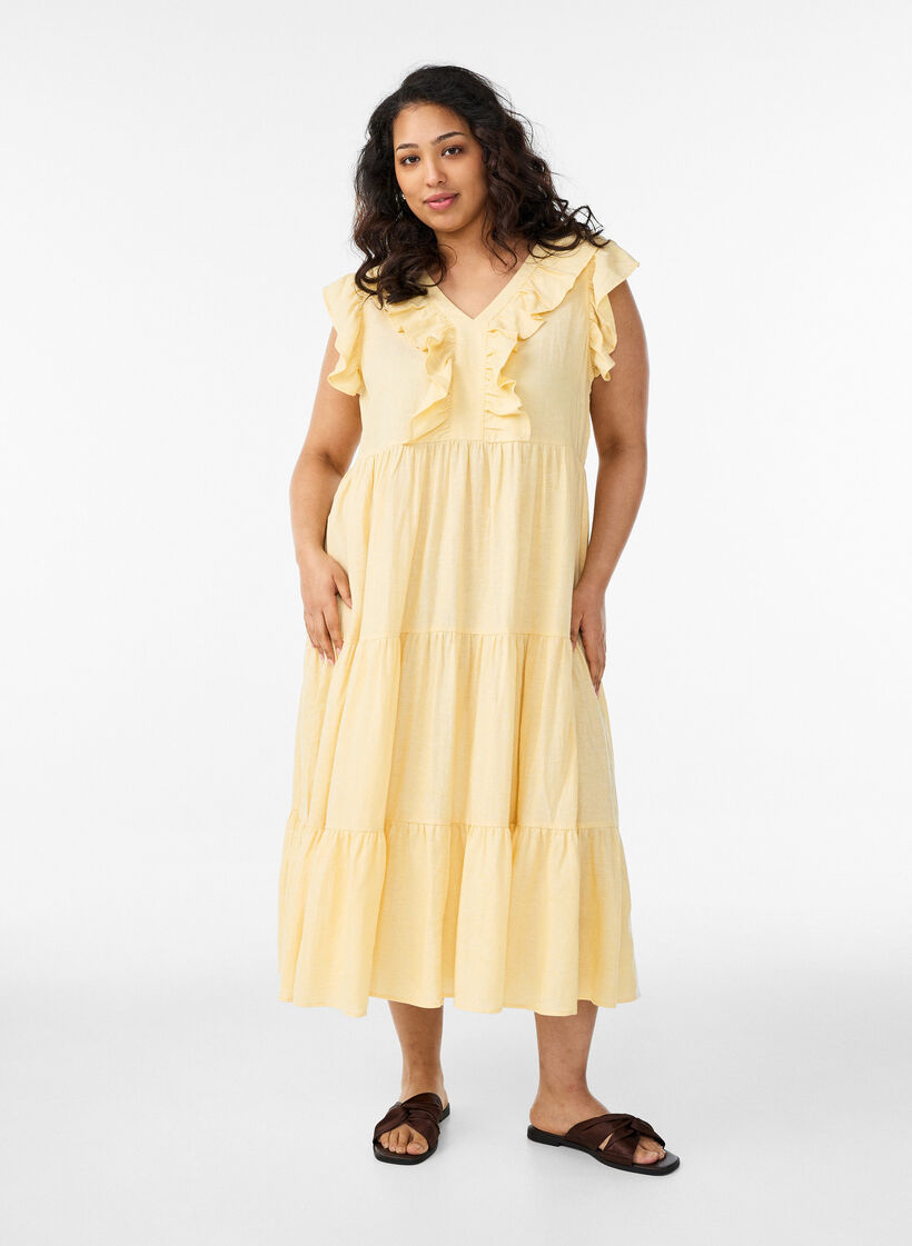 &Auml;rmelloses Midikleid aus Leinen und Viskose mit R&uuml;schen, Gelb, Model image number 0