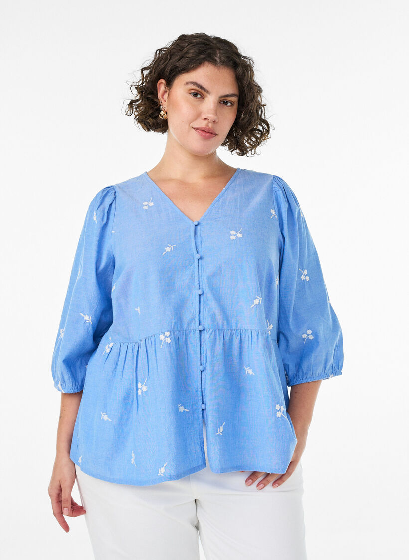 Bluse aus Baumwolle mit gestickten Blumen und Knopfverschluss, Blau, Model image number 0