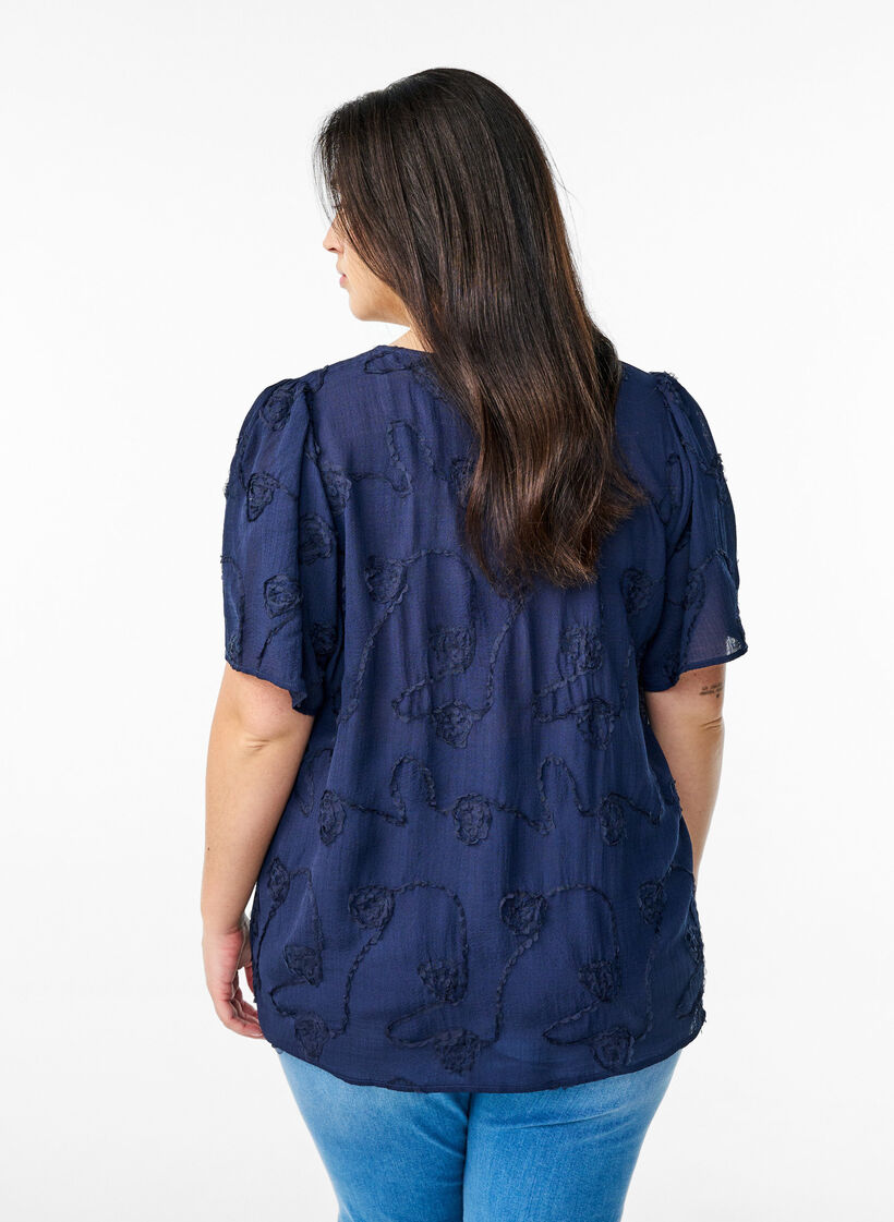 Bluse mit kurzen Ärmeln und 3D-Blütenmuster, Blau, Model image number 2