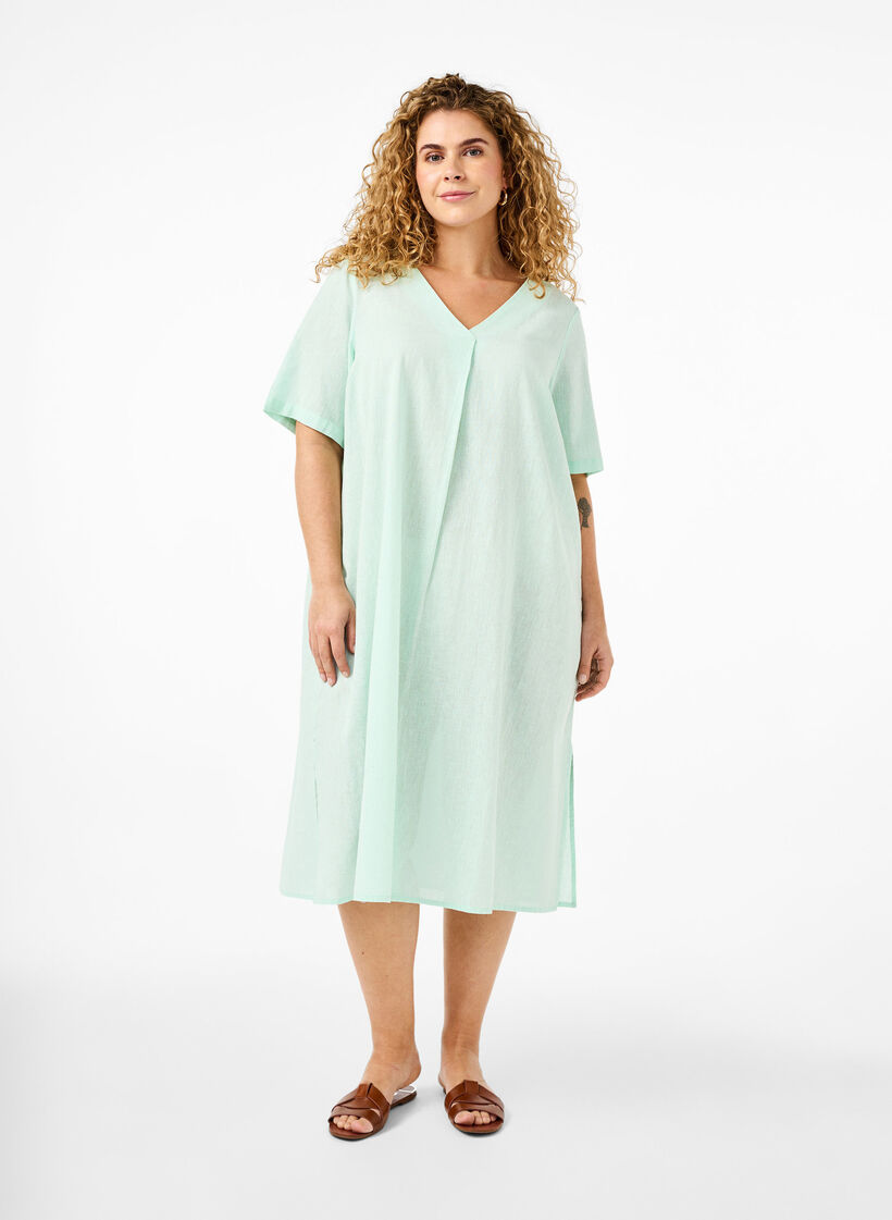Kaftan-Kleid aus Baumwollmischung mit Leinen, Grün, Model image number 0