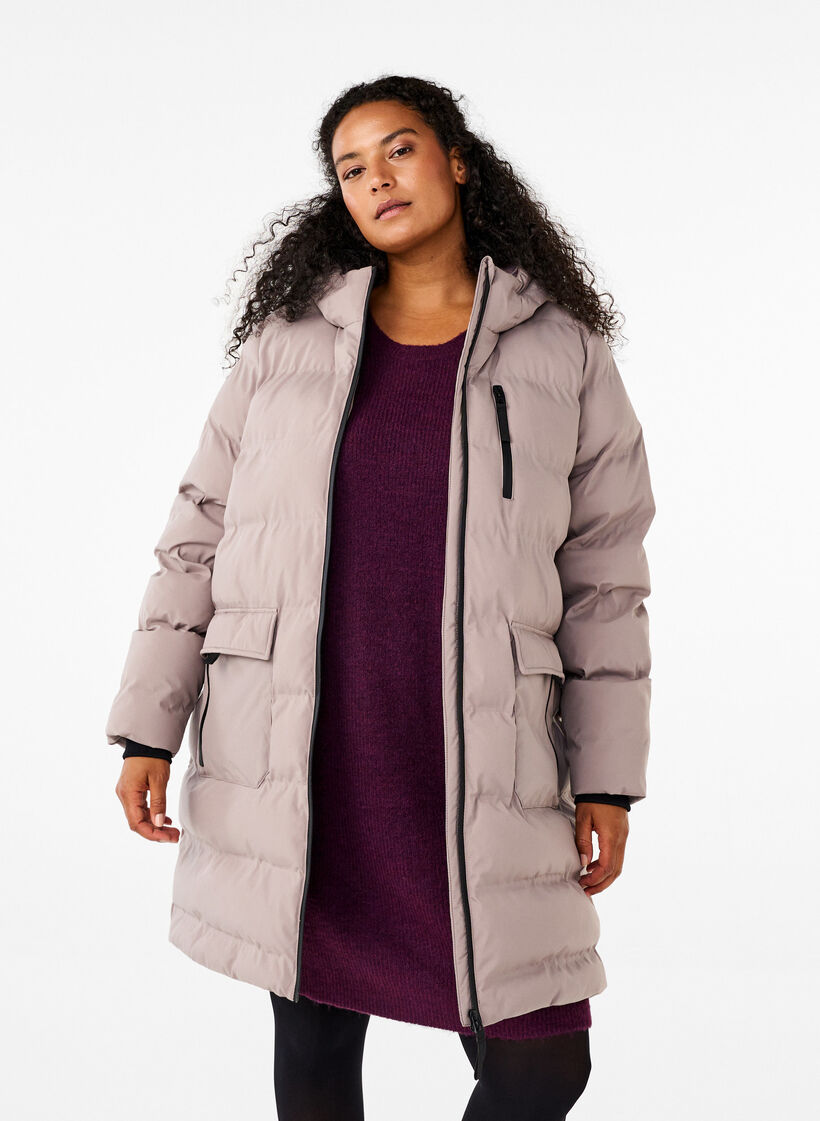 Puffermantel mit Kapuze und Taschen, Beige, Model image number 0