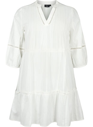 Baumwollkleid mit 3/4-Ärmeln und Rüschen, Bright White, Packshot image number 0