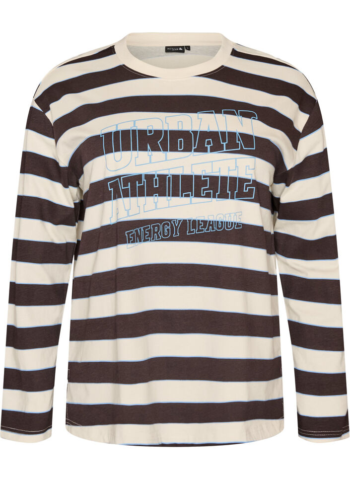 Gestreifte Bluse aus Jersey mit sportlichem Textprint, Braun, Packshot image number 0