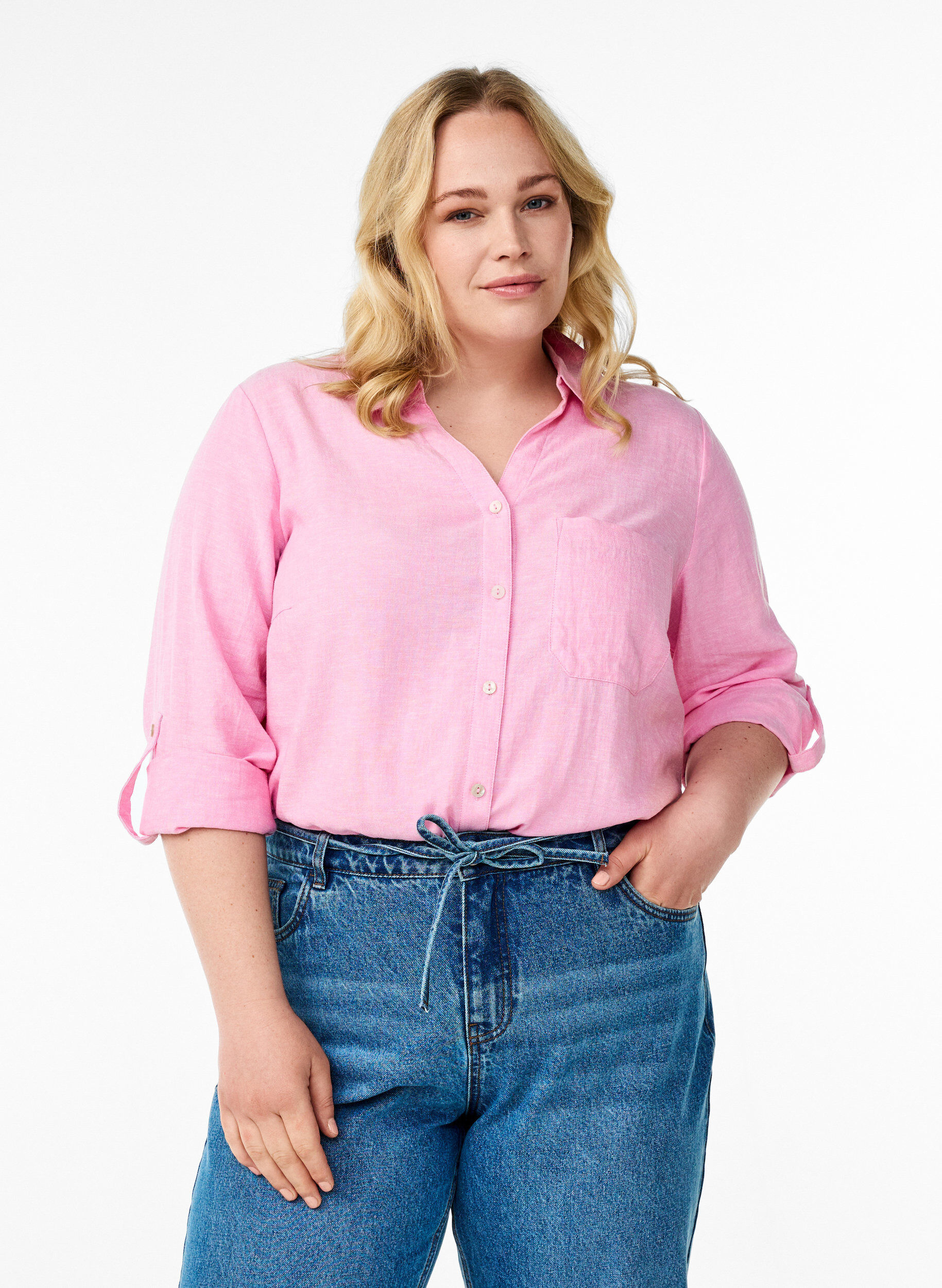 Bluse aus Leinen und Viskose mit 3/4-&Auml;rmeln, Pink, Model