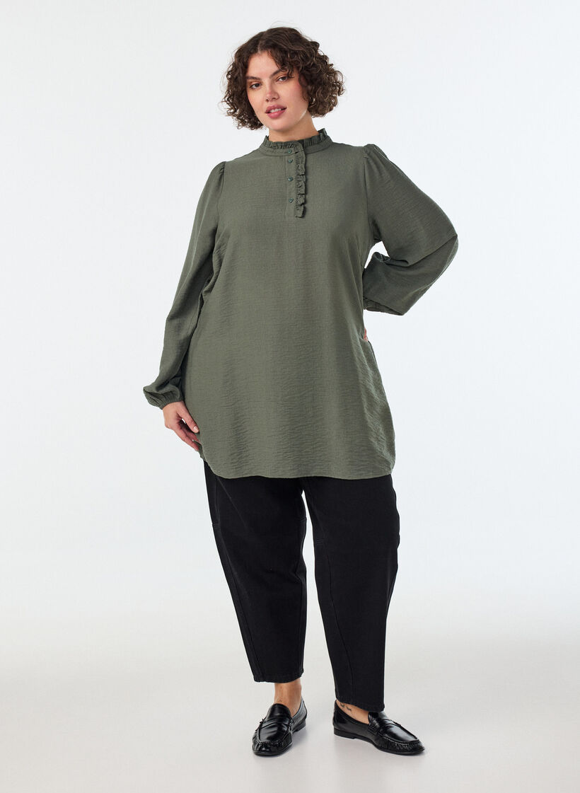 Tunika aus Viskose mit R&uuml;schen und Kn&ouml;pfen, Gr&uuml;n, Model image number 1
