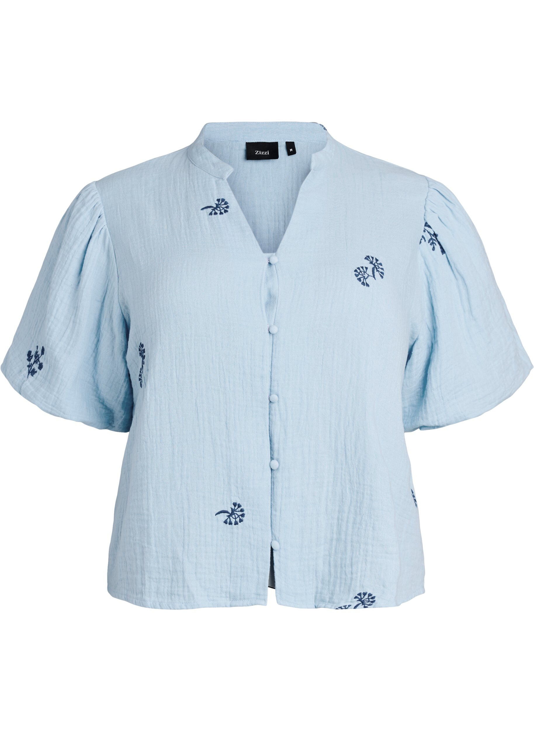 Zizzi Bluse aus Baumwoll-Musselin mit Ballon&auml;rmeln und Stickereidetails, Blau, Packshot image number 0