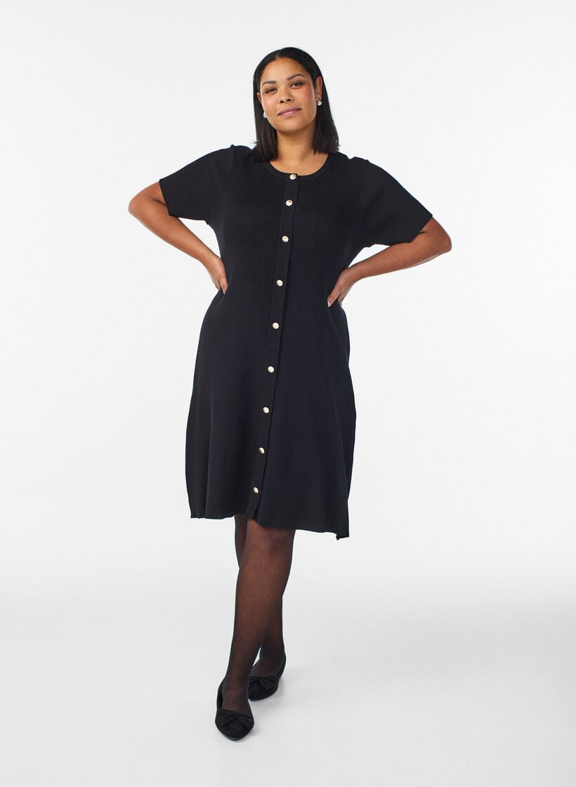Geripptes Kleid mit Zierkn&ouml;pfen und kurzen &Auml;rmeln, Schwarz, Model image number 1