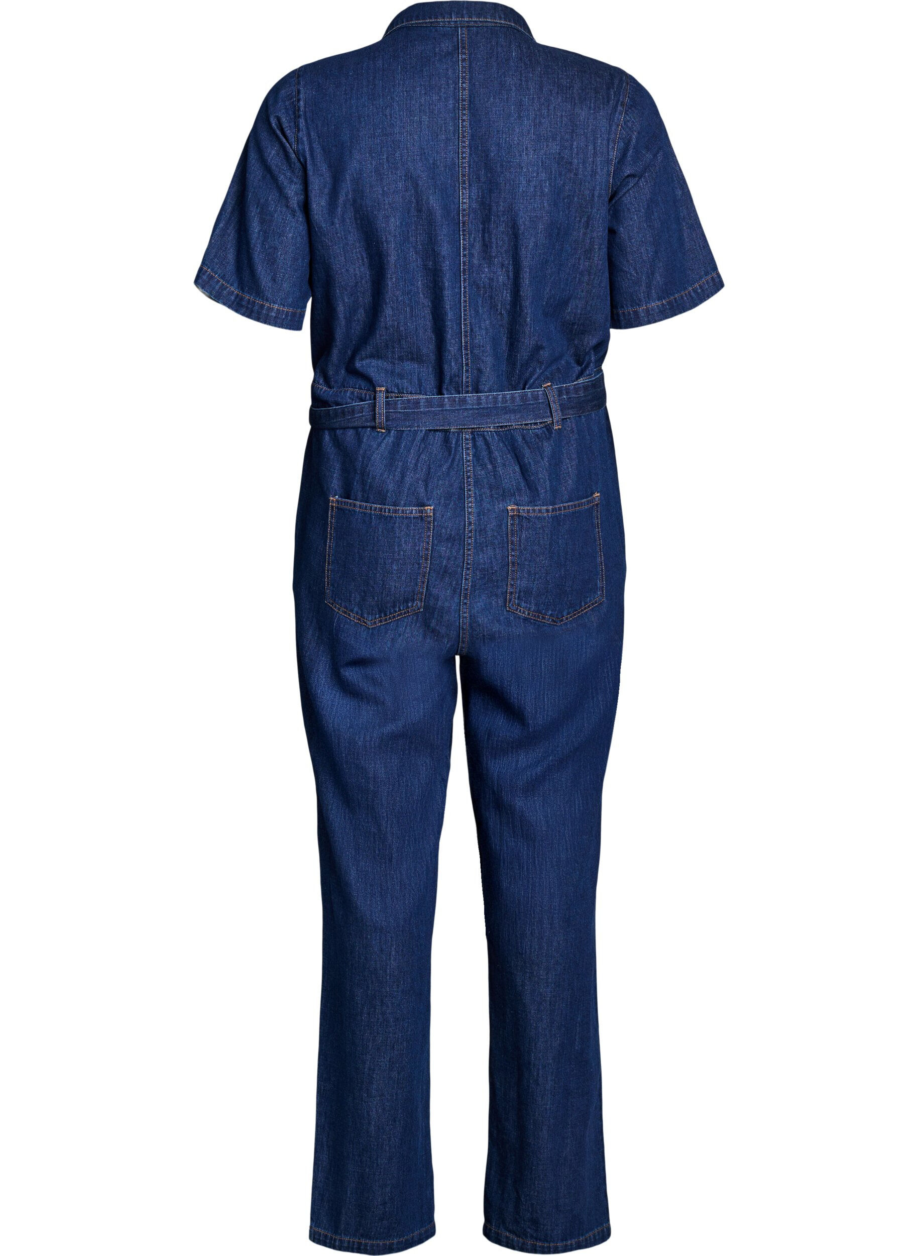 Zizzi Denim-Jumpsuit mit kurzen &Auml;rmeln und Bindeg&uuml;rtel, Blau, Packshot image number 1