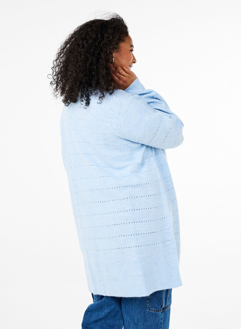 Lange Strickjacke aus Strick mit Lochmuster, Cashmere Blue Mel., Model image number 1