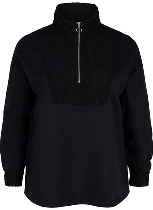 Hochgeschlossenes Sweatshirt mit Teddy und Reißverschluss, Black, Packshot image number 0