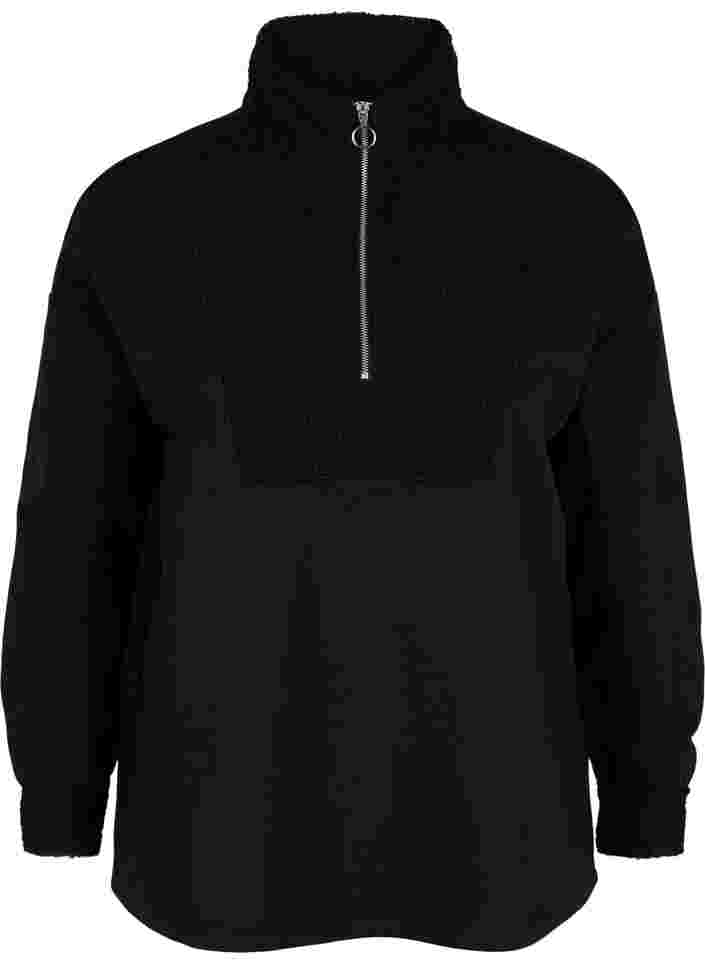 Hochgeschlossenes Sweatshirt mit Teddy und Reißverschluss, Black, Packshot image number 0