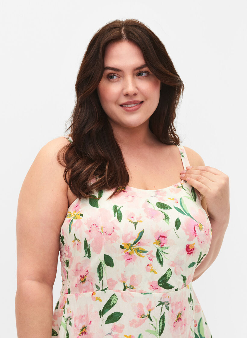 Geblümtes Trägerkleid aus Viskose mit Smok, Off White Flower, Model image number 2