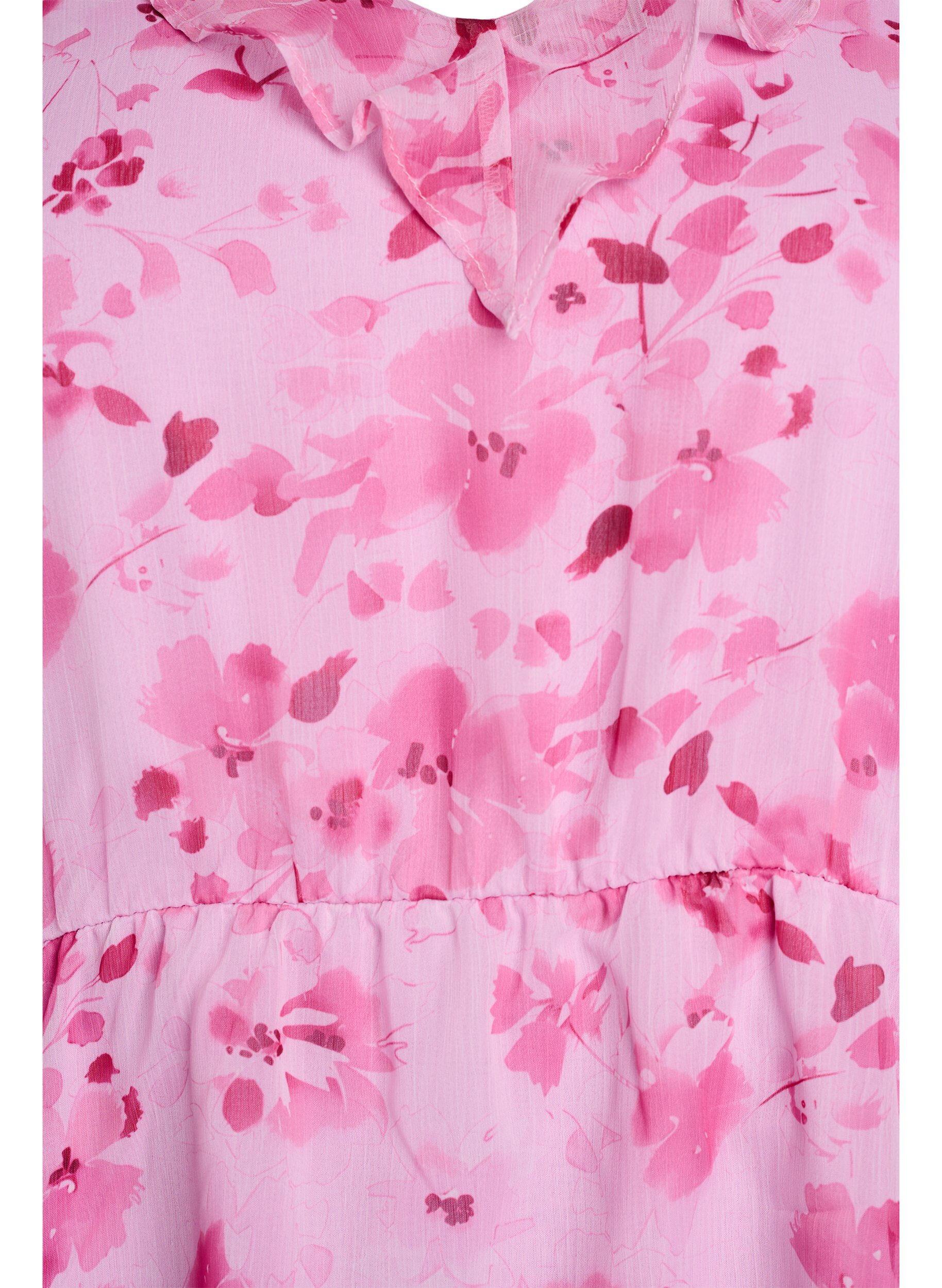 Zizzi Gebl&uuml;mte Bluse mit R&uuml;schenkragen und Peplum-Effekt, Pink, Packshot image number 2