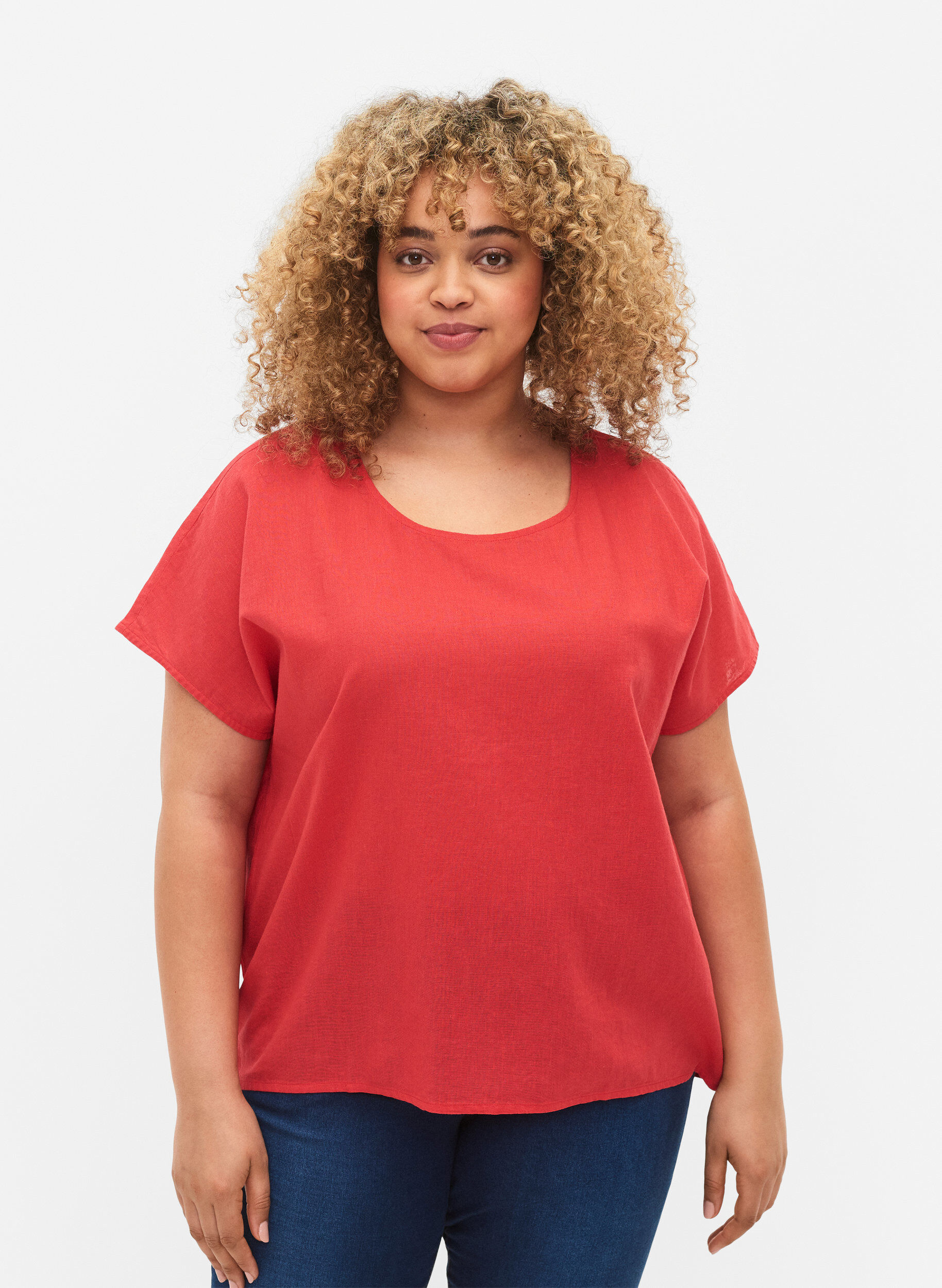 Zizzi Kurz&auml;rmelige Bluse aus Baumwollmischung mit Leinen, Hibiscus, Model image number 0