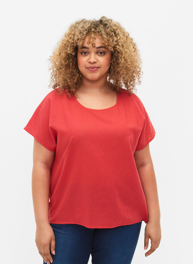 Kurzärmelige Bluse aus Baumwollmischung mit Leinen, Hibiscus, Model image number 0