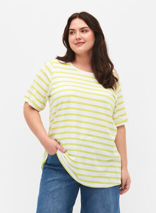 Gestreiftes T-Shirt aus biologischer Baumwolle, Wild Lime Stripes, Model image number 0