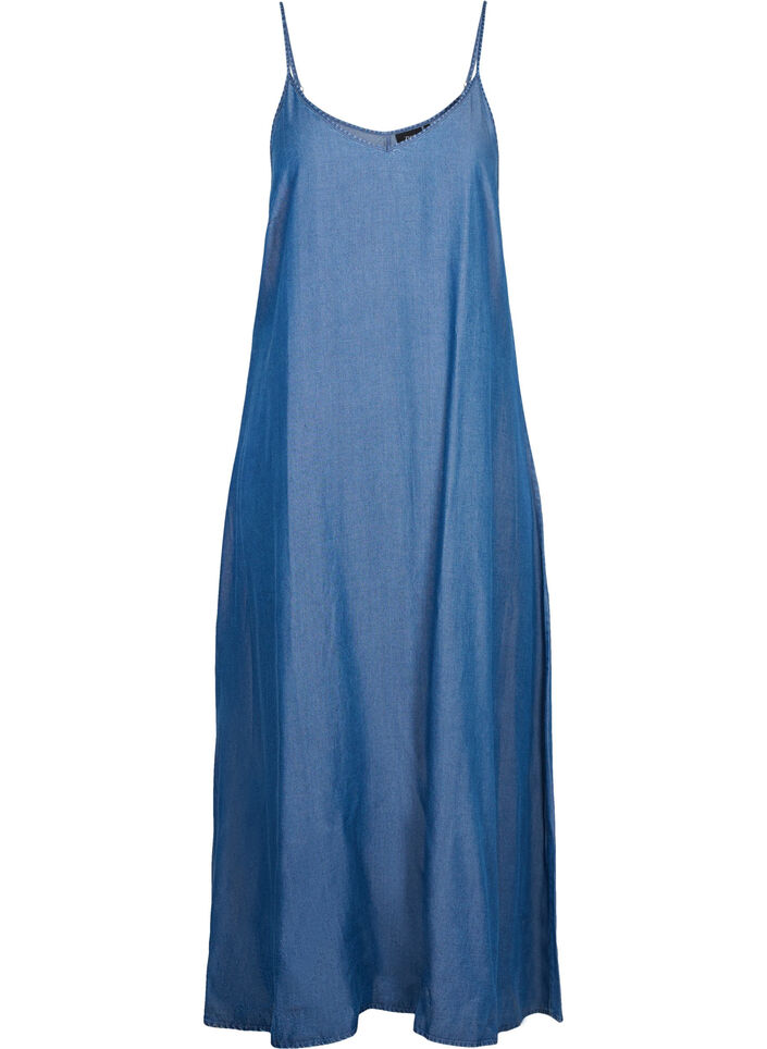 Langes Denim Kleid mit schmalen Trägern, Dark blue denim, Packshot image number 0