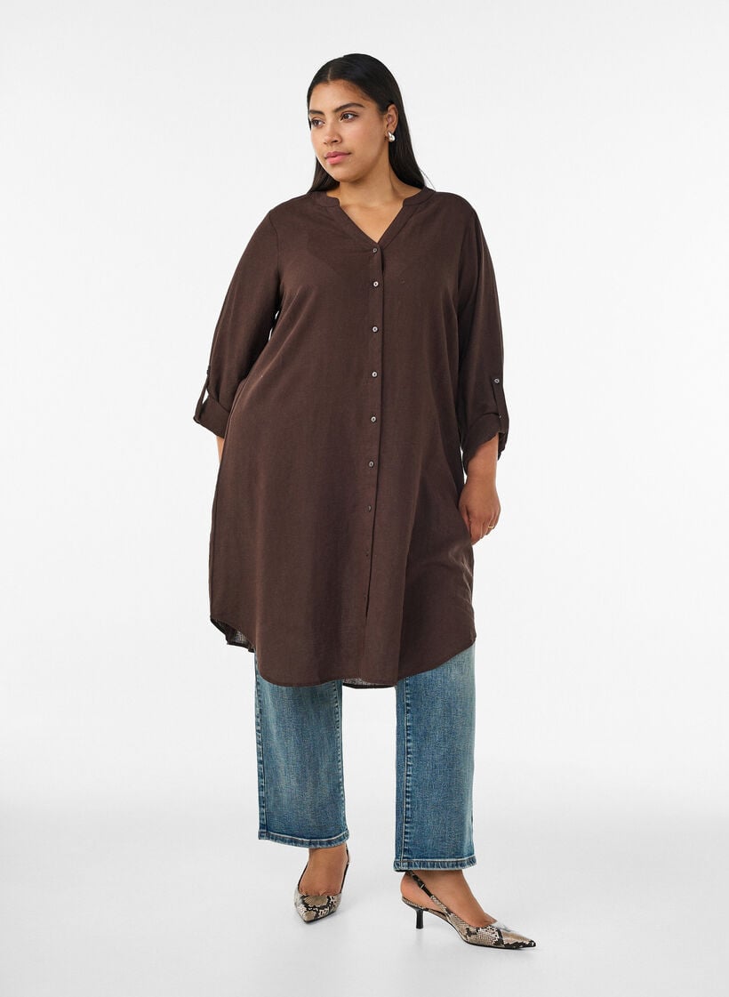 Lange Bluse aus Leinen und Viskose, Braun, Model image number 0