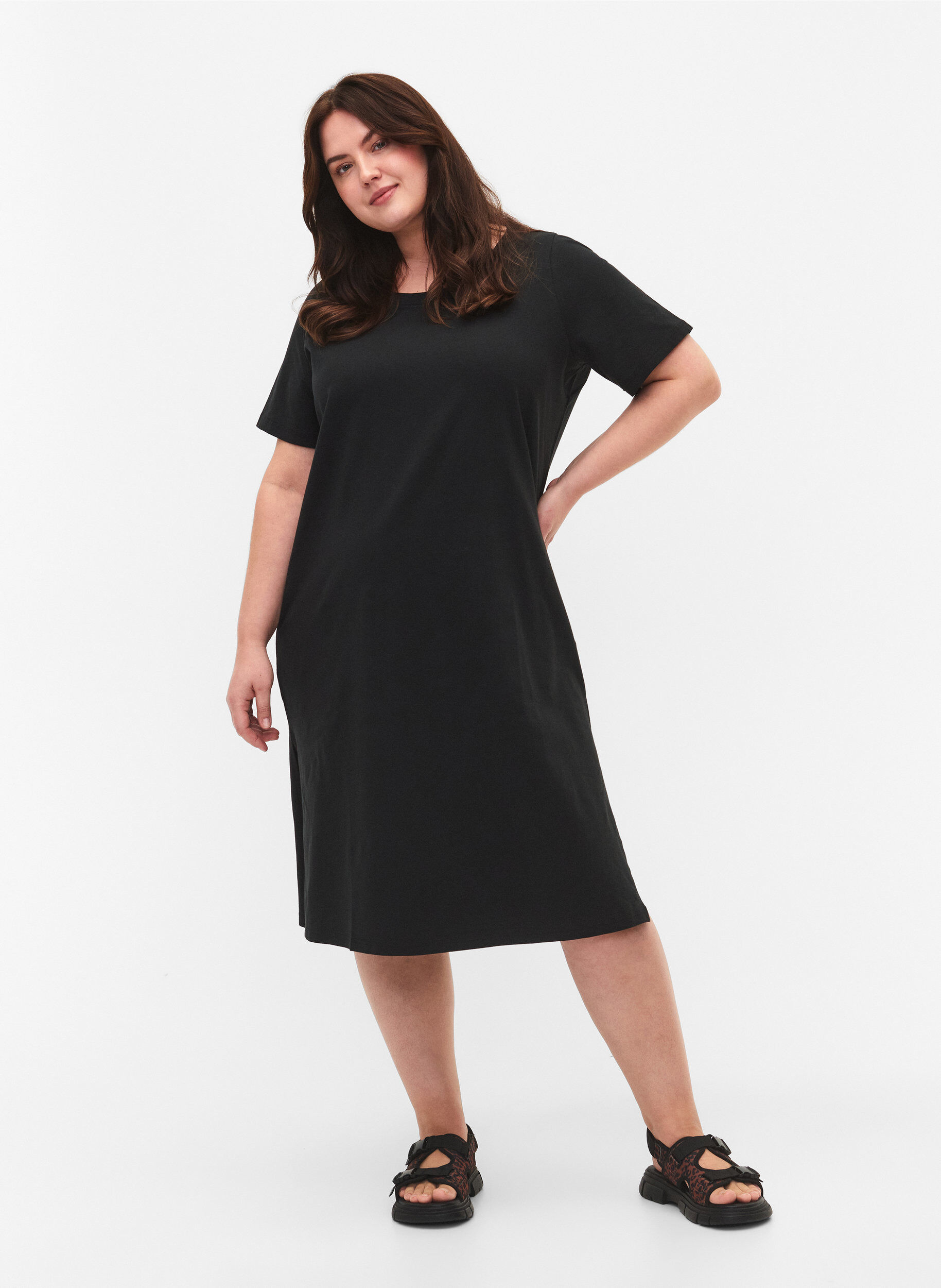 Zizzi Baumwollkleid mit kurzen &Auml;rmeln, Black, Model image number 2