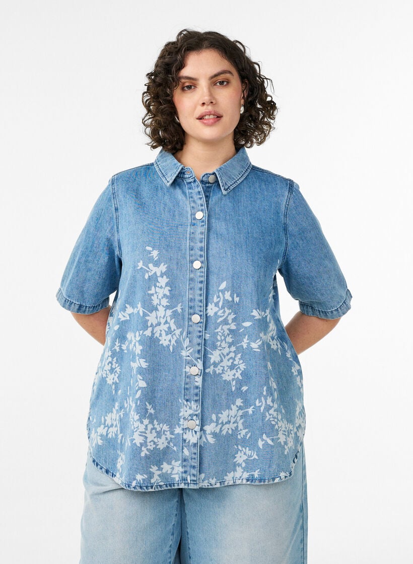 Jeanshemd mit Blumenprint und kurzen &Auml;rmeln, Blau, Model image number 0