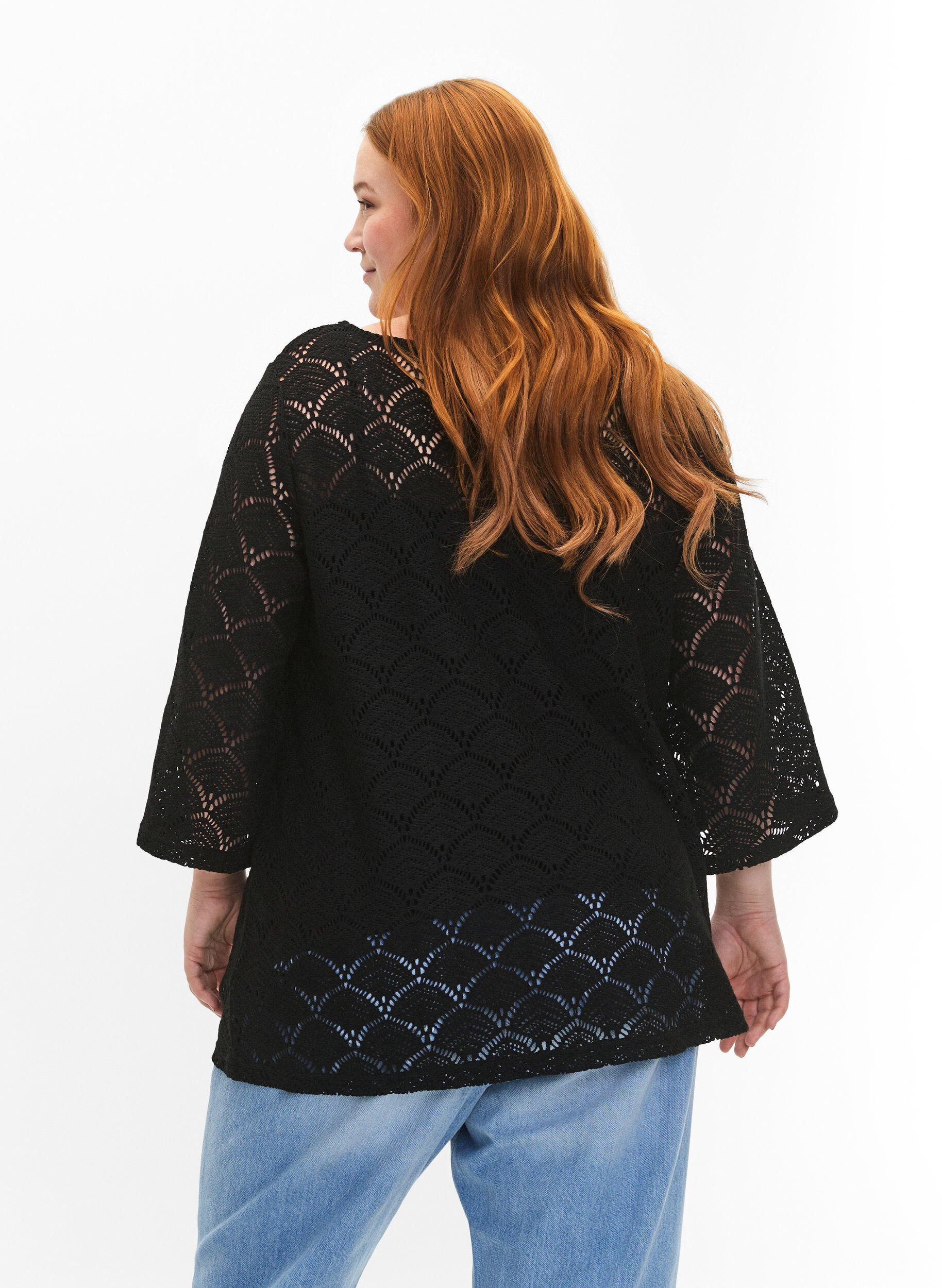 Zizzi Crochet Bluse mit 3/4 Pins, Black, Model image number 1
