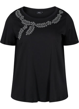 Kurzarm T-Shirt aus Baumwolle mit dekorativen Steinen, Black Stone, Packshot image number 0