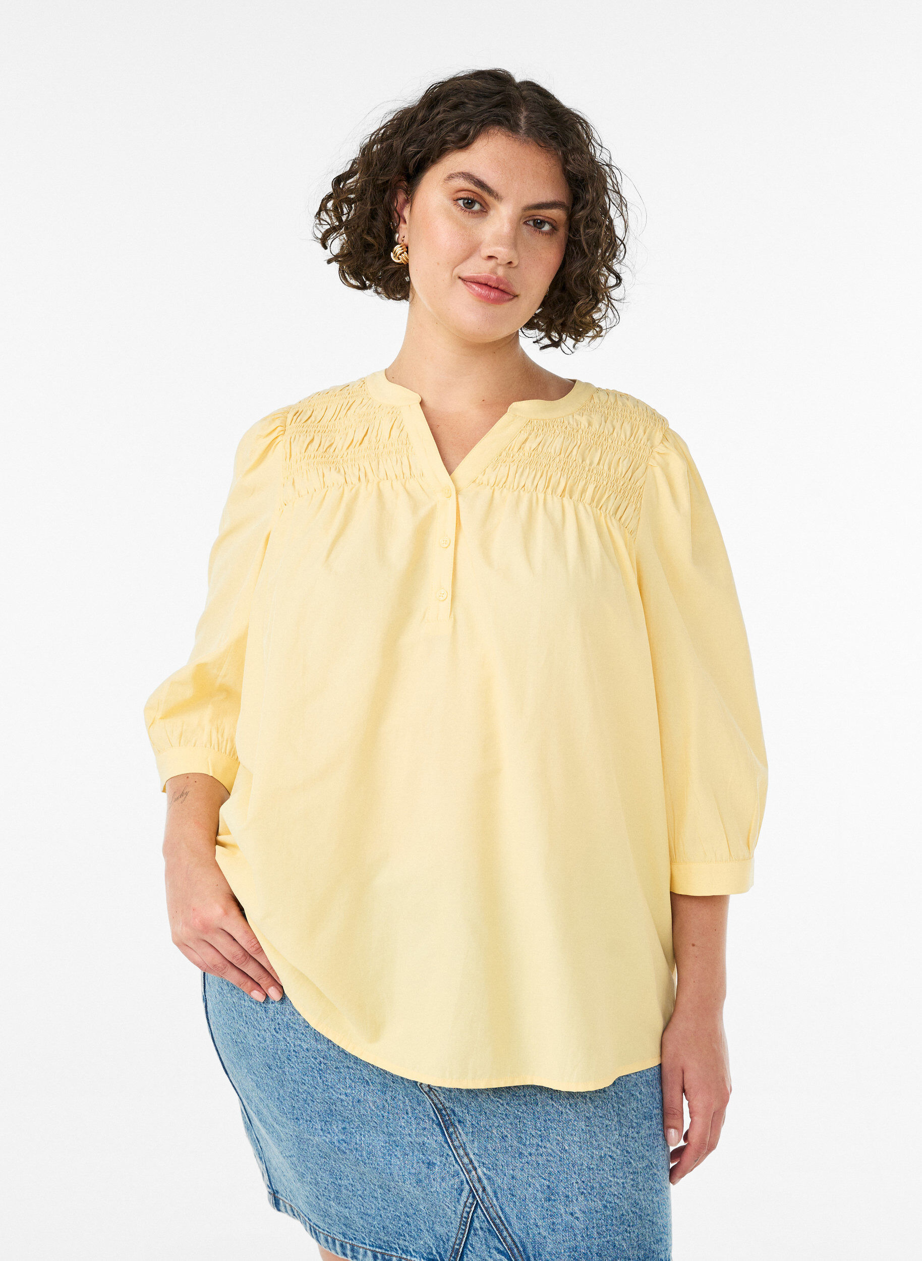 Bluse mit Smock und 3/4-&Auml;rmeln, Gelb, Model