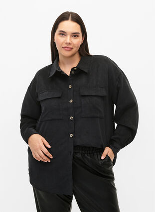 Langärmliges Shirt aus Samt mit Brusttaschen, Black, Model image number 0
