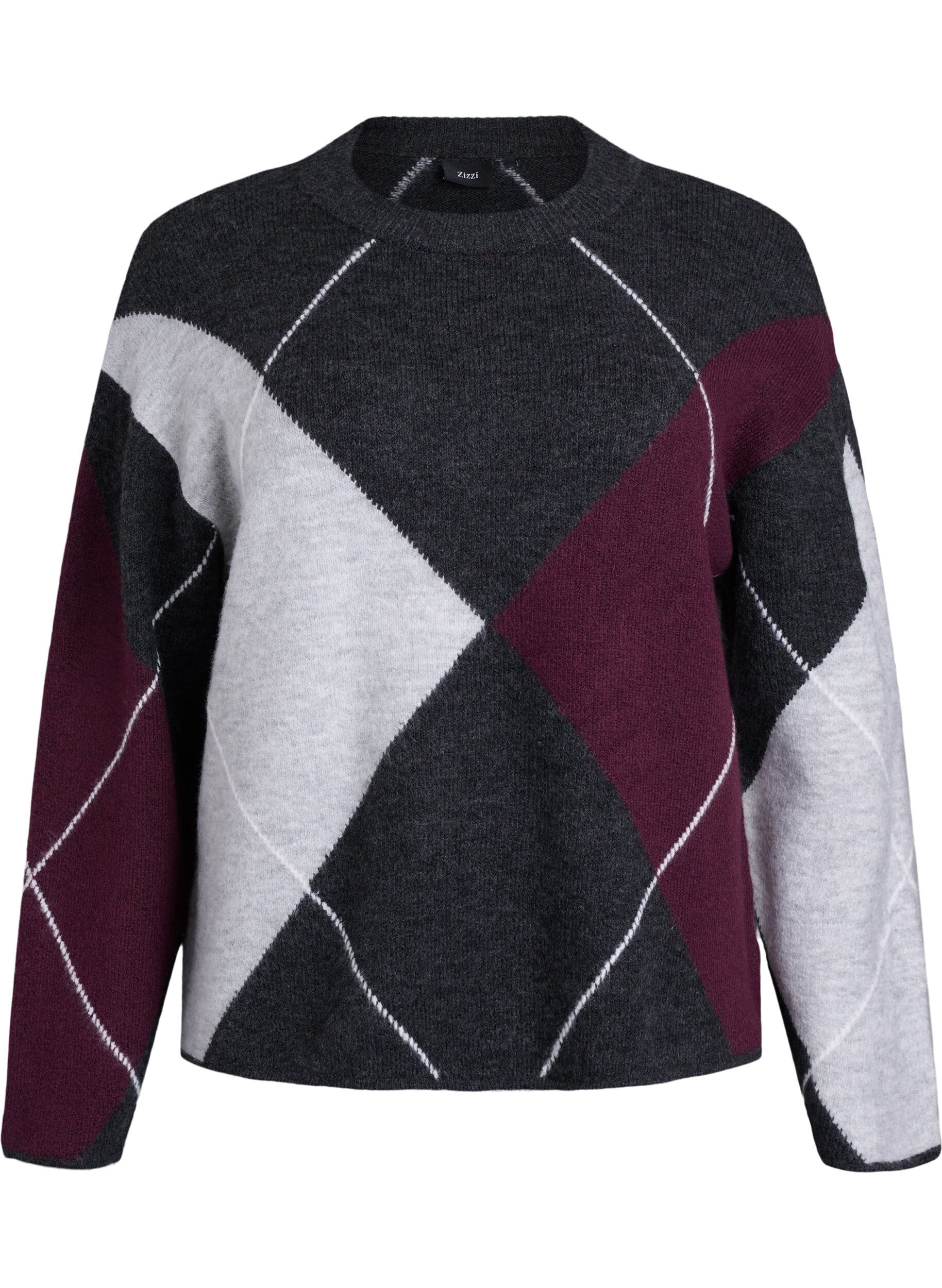 Zizzi Pullover mit gro&szlig;en Karos und Kontrast&auml;rmeln, Grau, Packshot image number 0