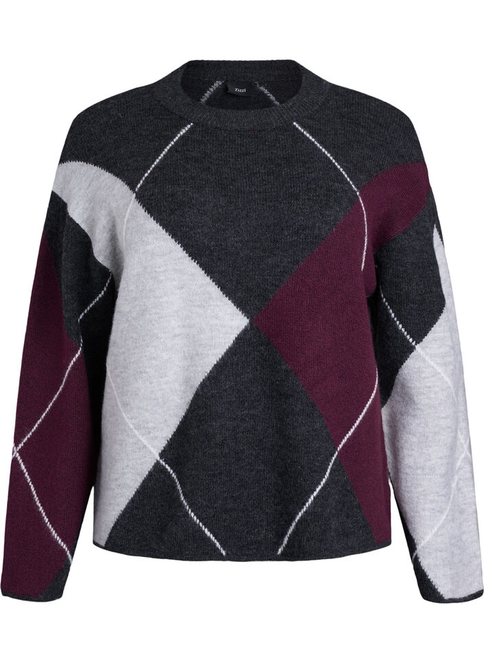 Pullover mit großen Karos und Kontrastärmeln, Grau, Packshot image number 0
