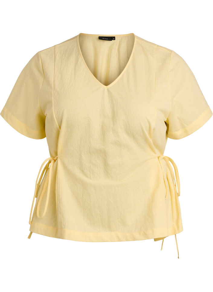 Bluse aus einer Baumwollmischung mit V-Ausschnitt und Bindeband, Gelb, Packshot image number 0