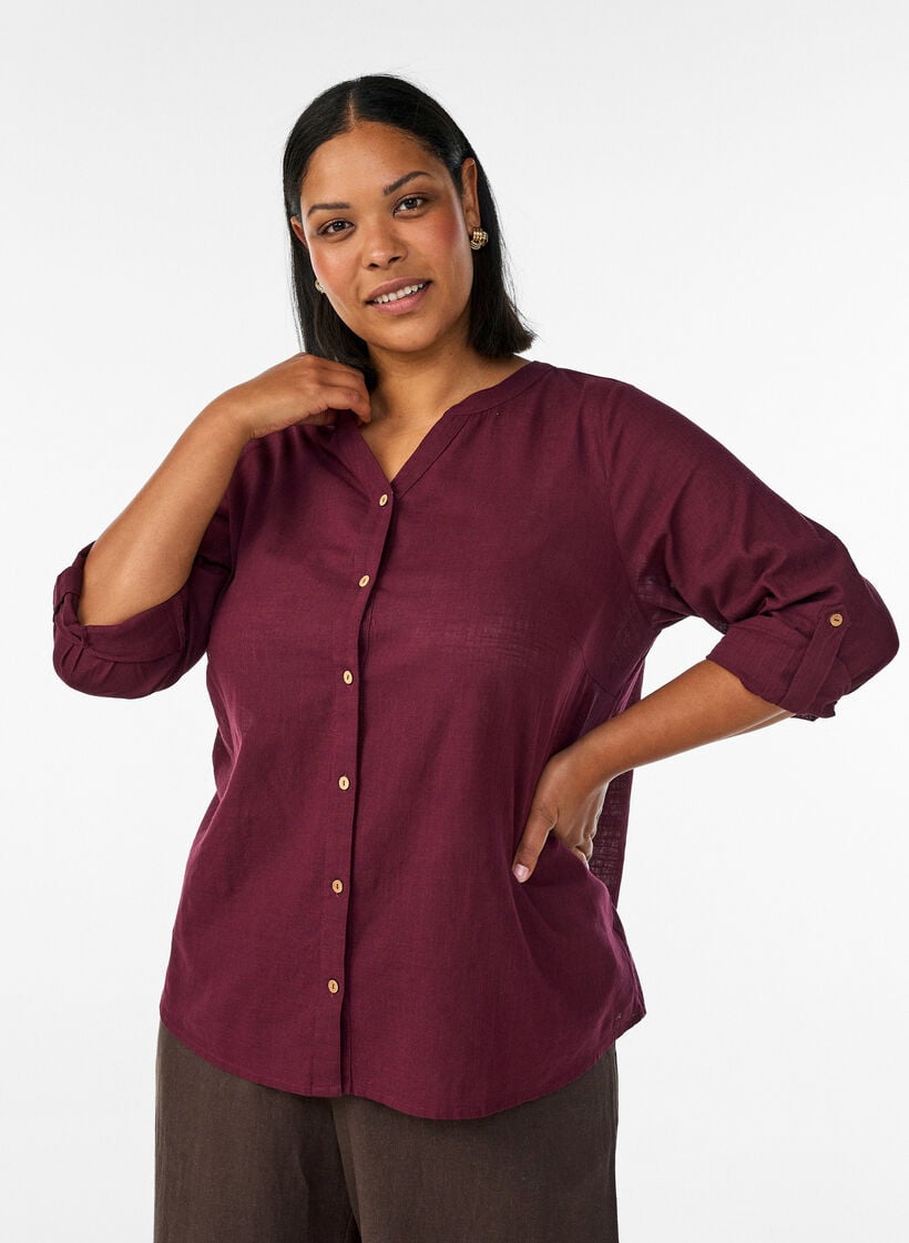 Baumwollbluse mit V-Ausschnitt, Rot, Model image number 0